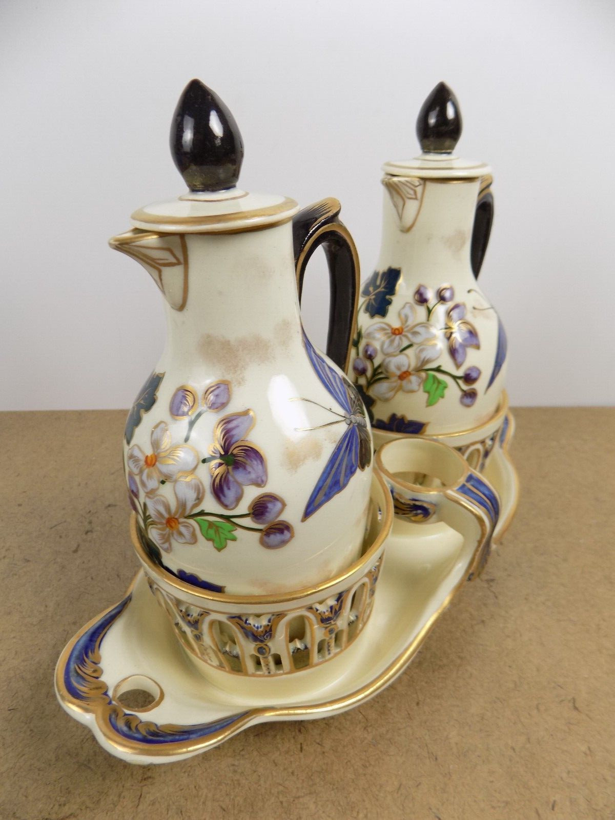 Antique Keller & Guerin Luneville Cruet Set Butterfly & Flower France