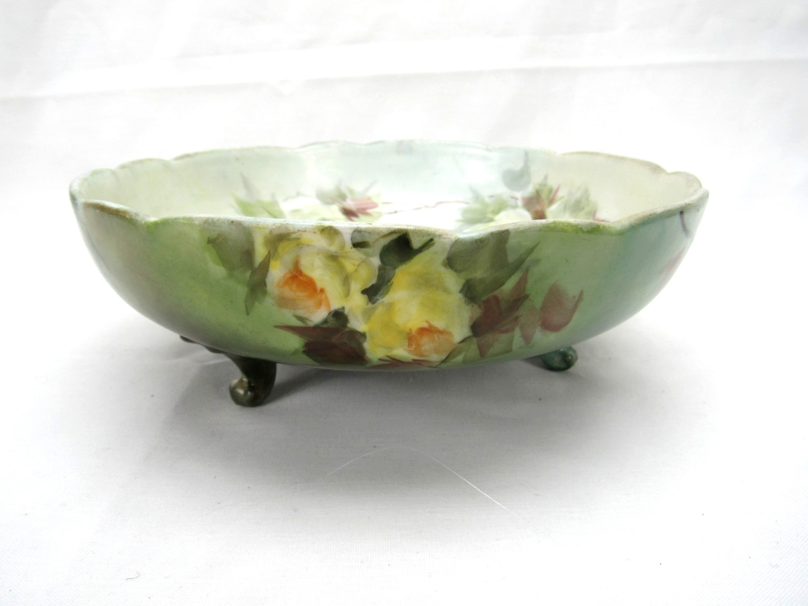 Antique Hand Painted tri Footed Bowl Green with yellow Roses 7.25 inch Dish