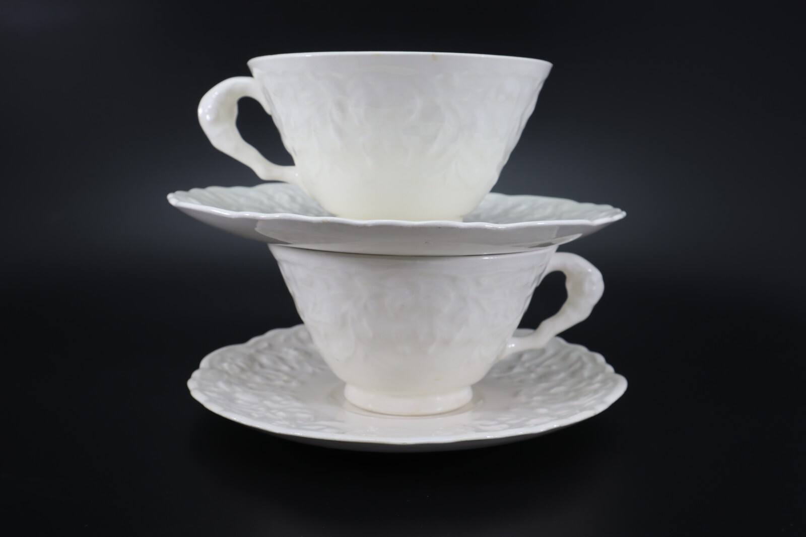 Pope Gosser Rose Point CUP & SAUCER Set of 2 White w Raised Roses Vintage USA s