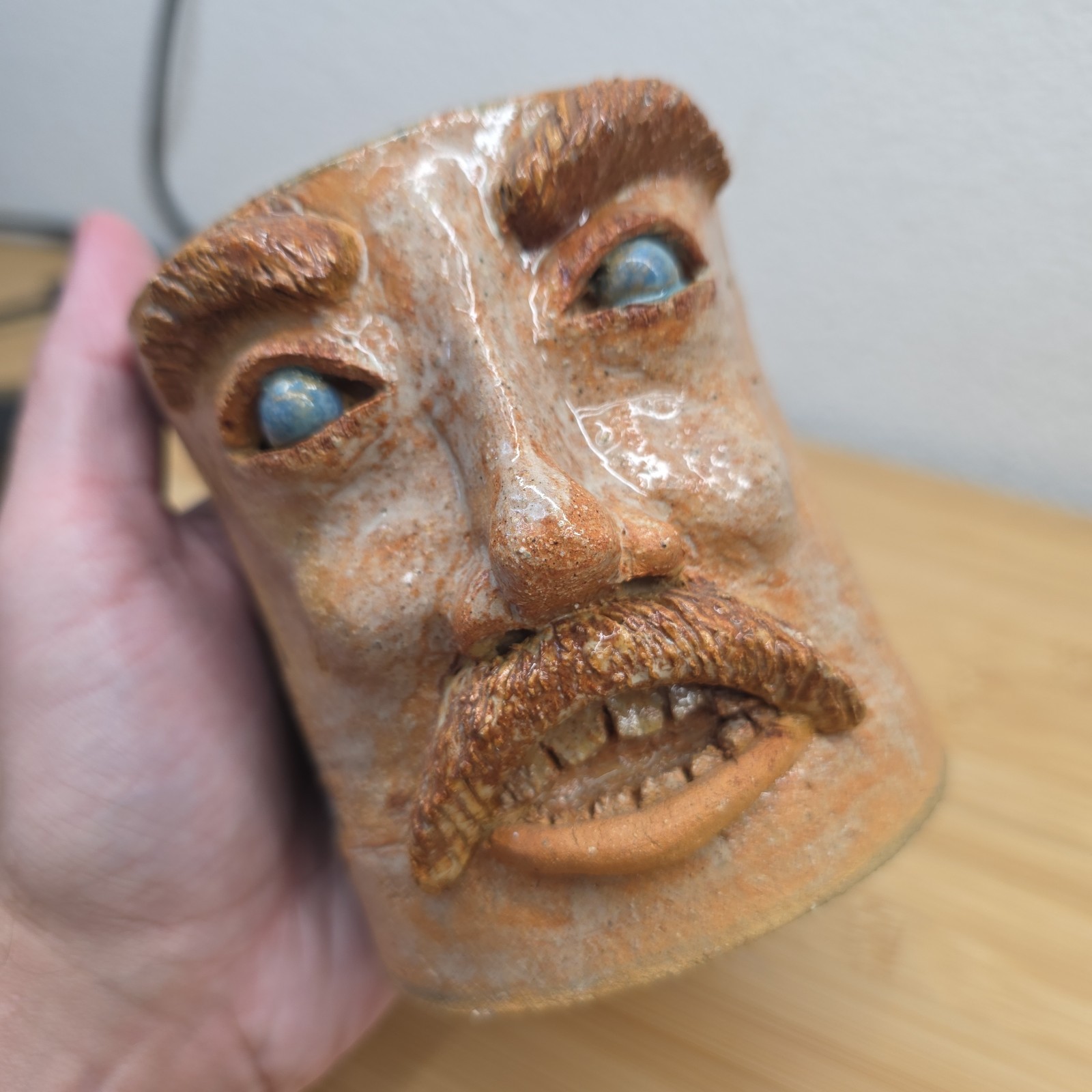 Hand Made Studio Art Pottery Unique Folk Art Man W/Mustache Face Mug Ugly