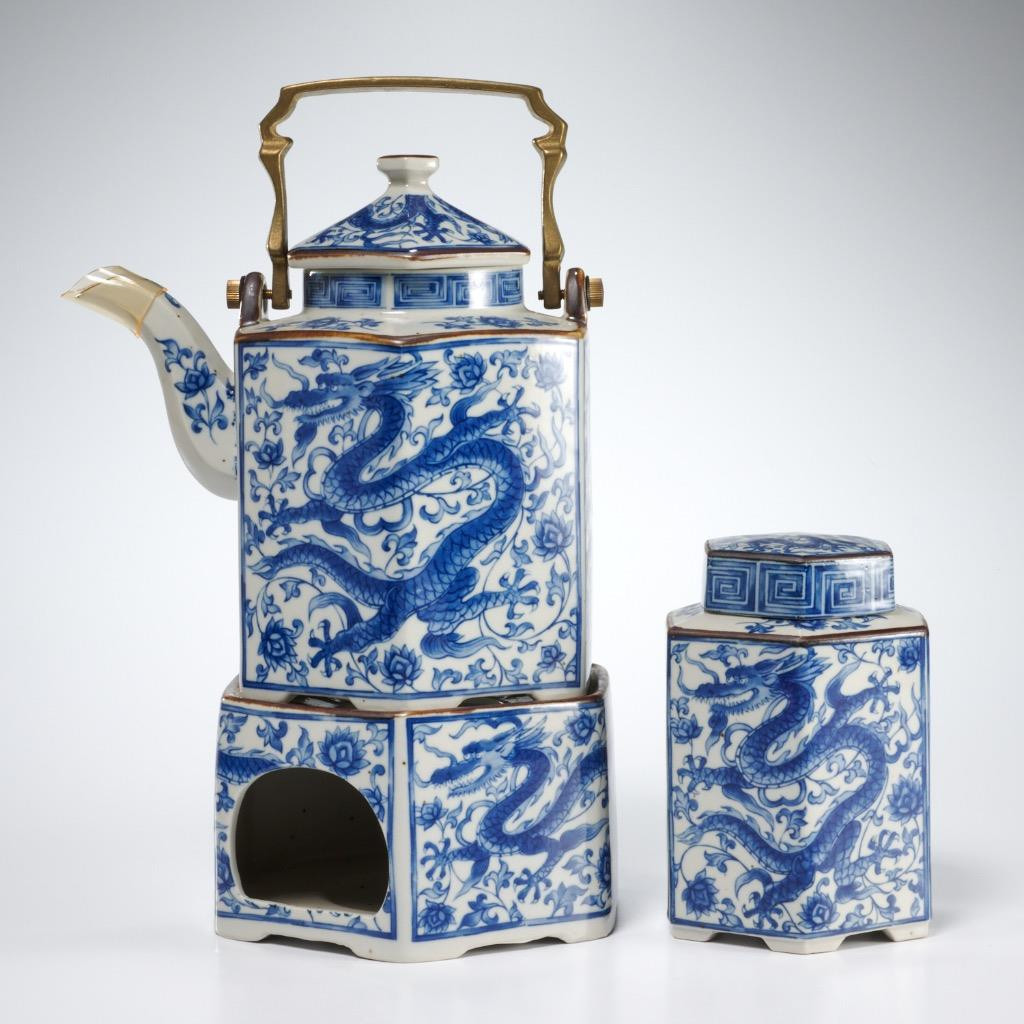 Seiryu Japan Toscany Blue Dragon Teapot Warming Stand Caddy Jar Set Lot