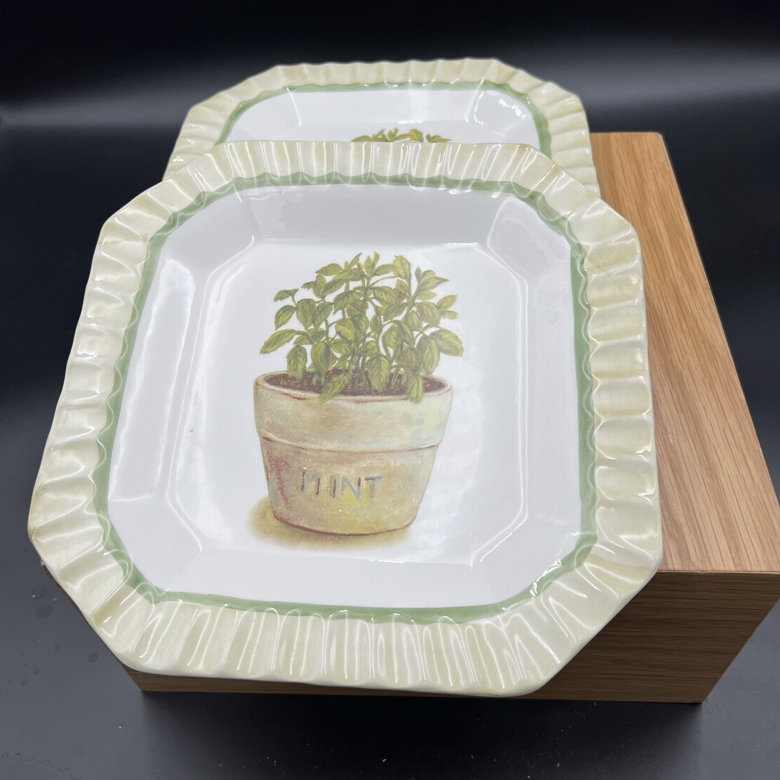 Vintage Ceramica Due Torri Mint Herb Plate Square 9” Italy Set of 2