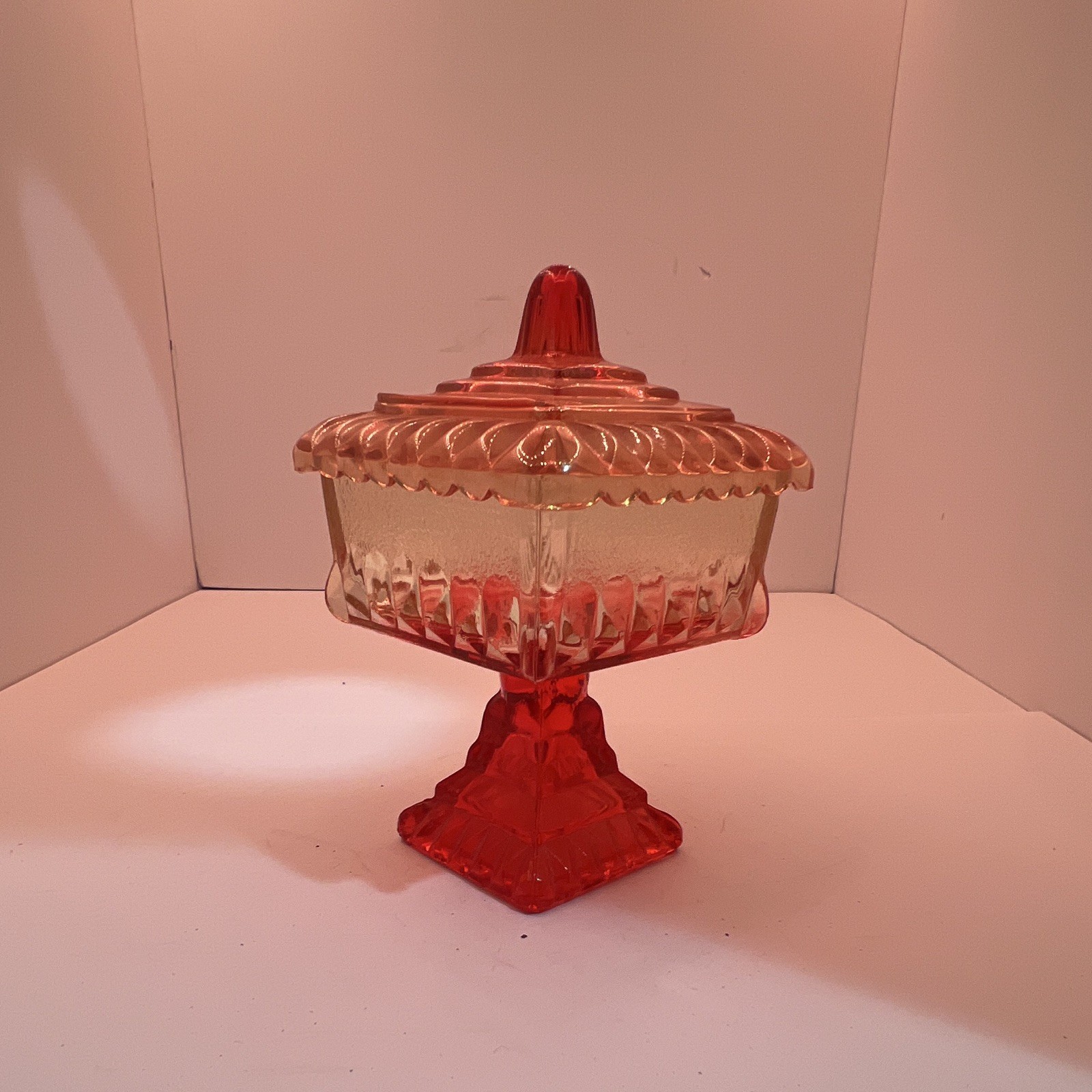 Red & Clear Glass Square Pedestal Covered Dish w/ Lid 7.75in H x 5.75in W