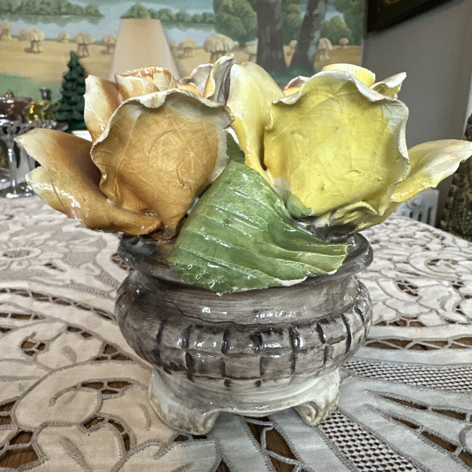 Vintage 1950’s Italian Capodimonte 3 Rose Floral Bouquet Footed Centerpiece