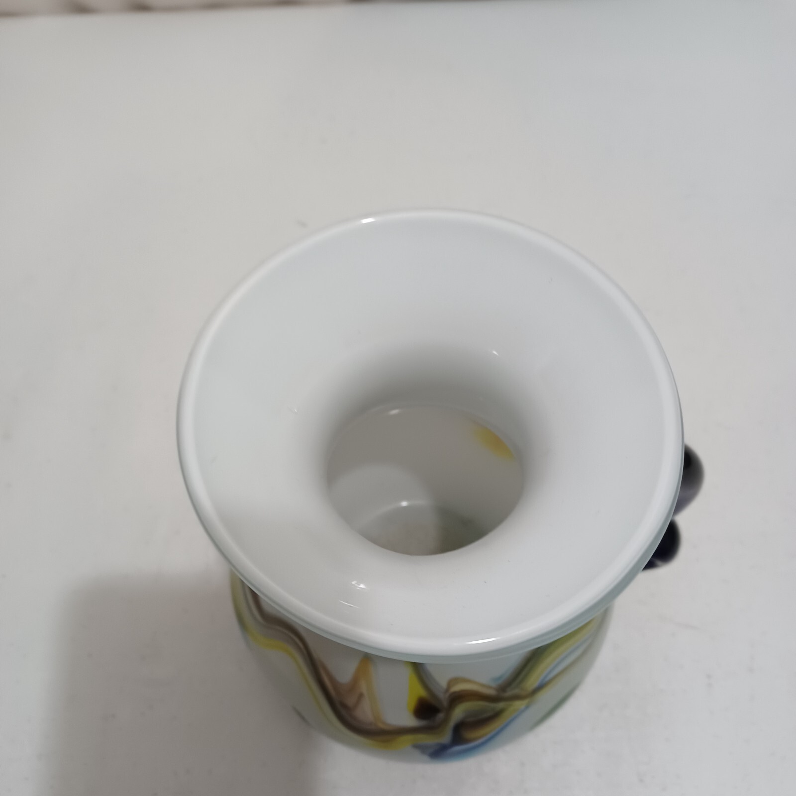 vintage venetian art glass pitcher white/yellow/cobalt blue 7″