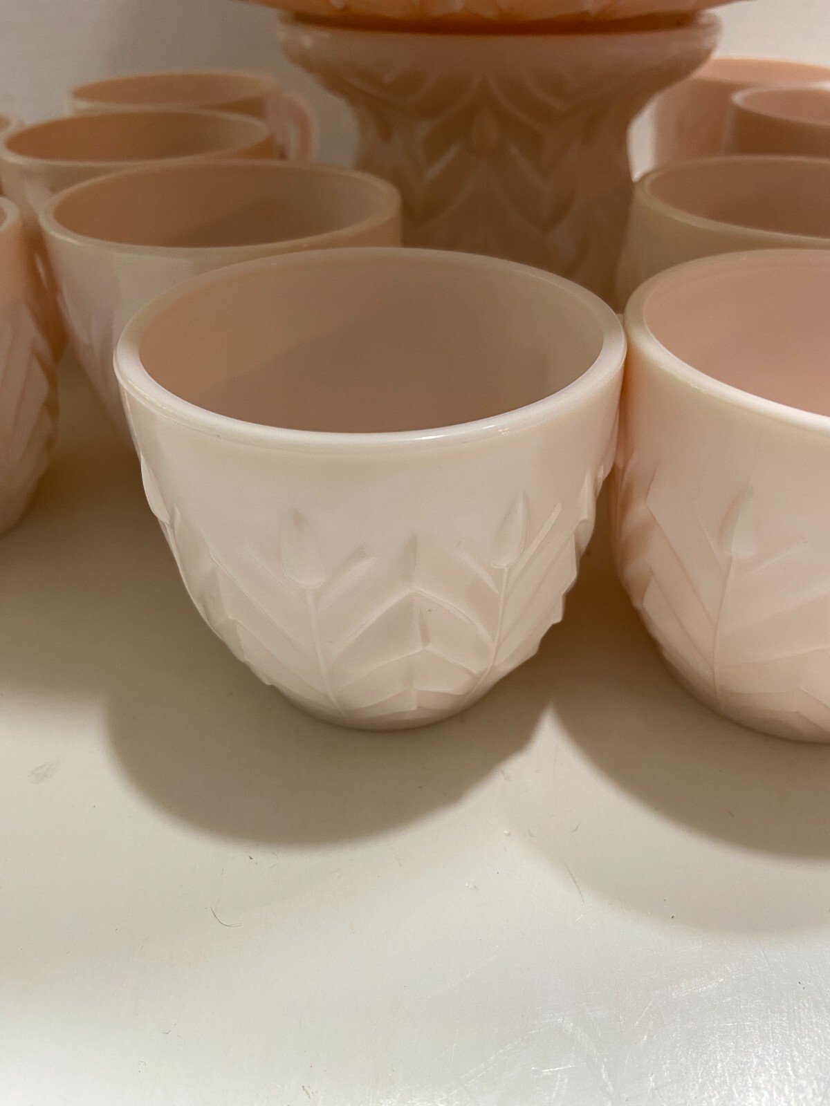 Jeannette Shell Pink Milk Glass Punch Bowl Set with Base and 12 cups Vtg 1950’s