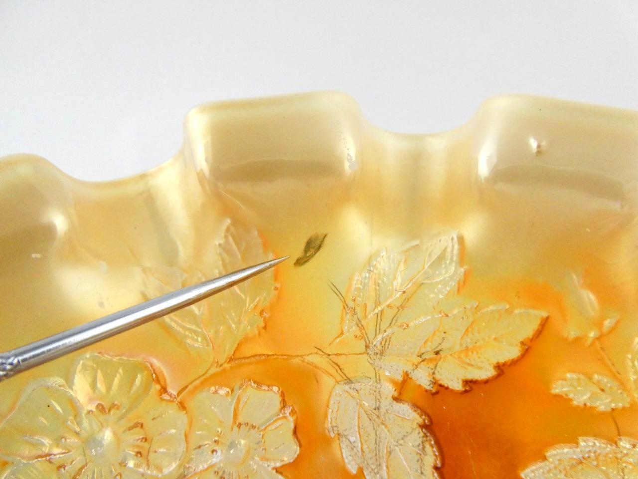 Vintage Dugan Dogwood Sprays Marigold Opalescent Carnival Glass Footed Bowl