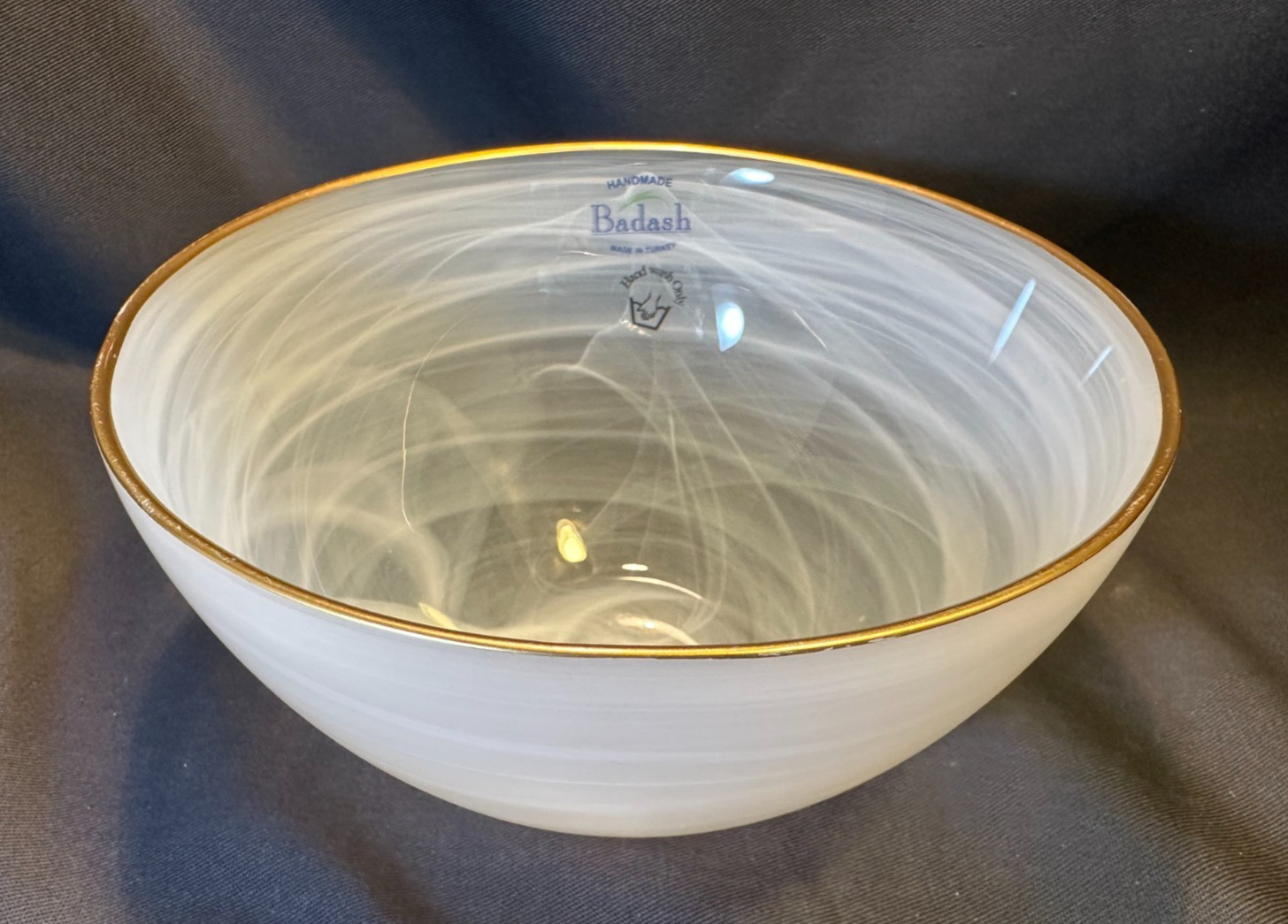 Badash White Alabaster 6.25 in. Glass Bowl With Gold Rim Made in Turkey