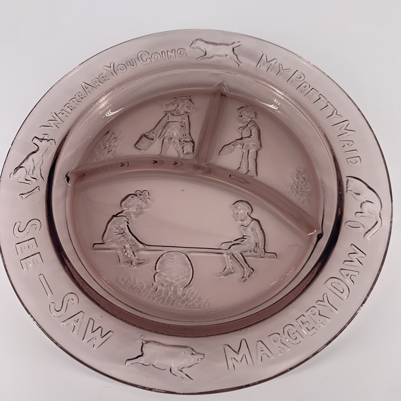 Amethyst Indiana Glass Nursery Rhyme Grill Plate, Bowl and Mug Vintage 3 Pc Set