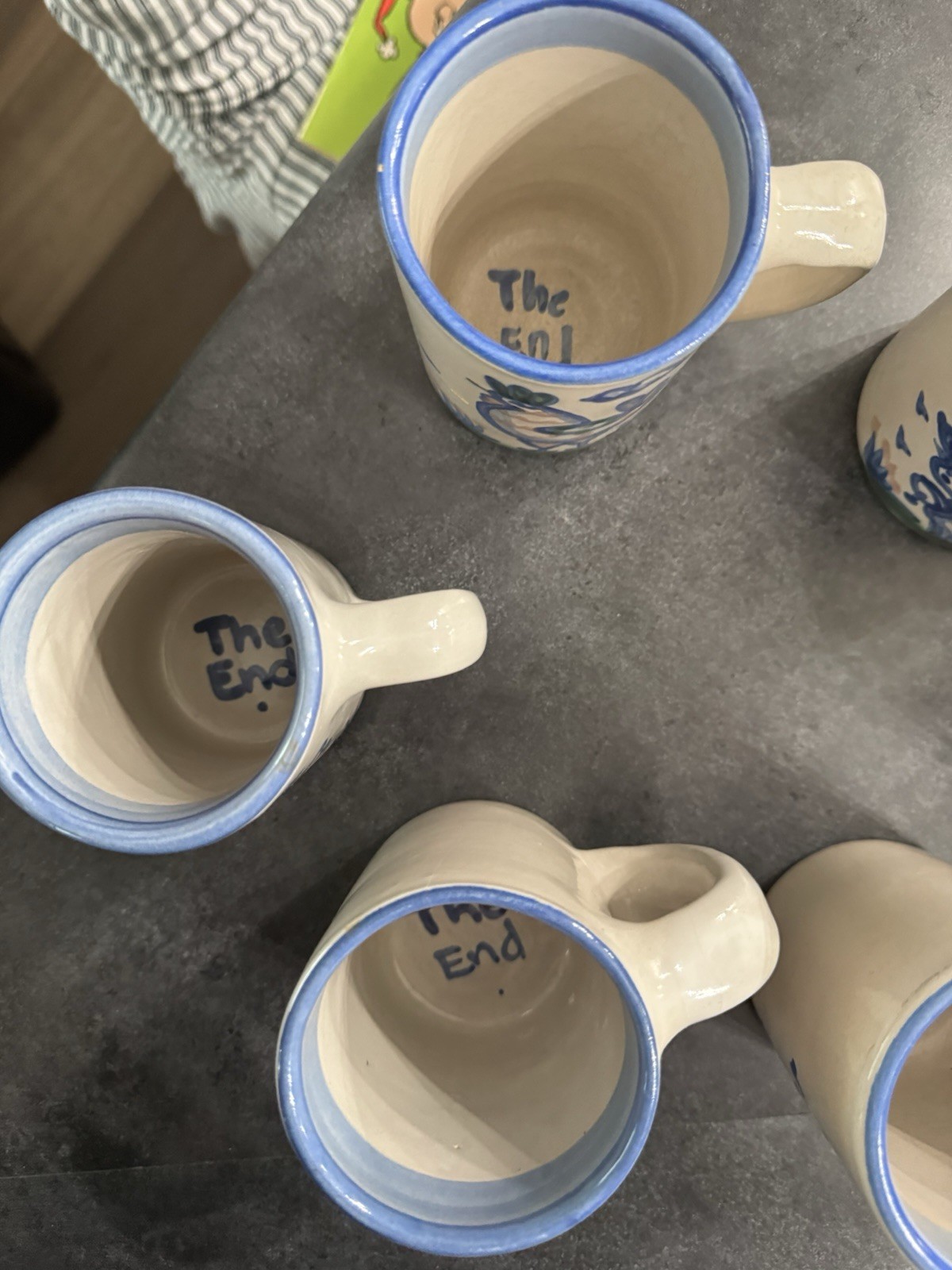 Set of 6 M.A. Hadley Pottery Mugs Hand-painted Blue Folk Art