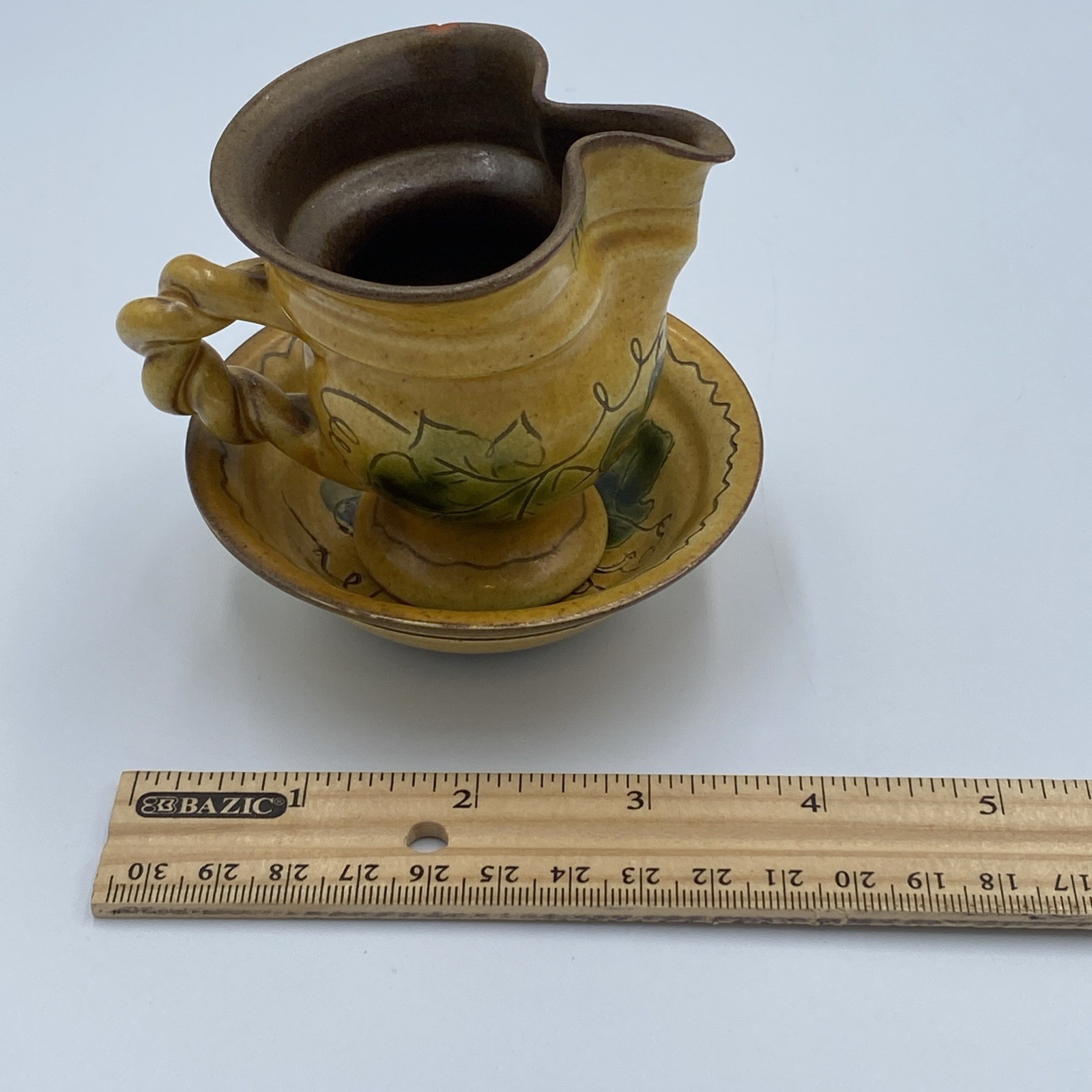 Pottery Creamer/Pitcher & Saucer, Made in SN Liechtenstein, Italian Style, Mini