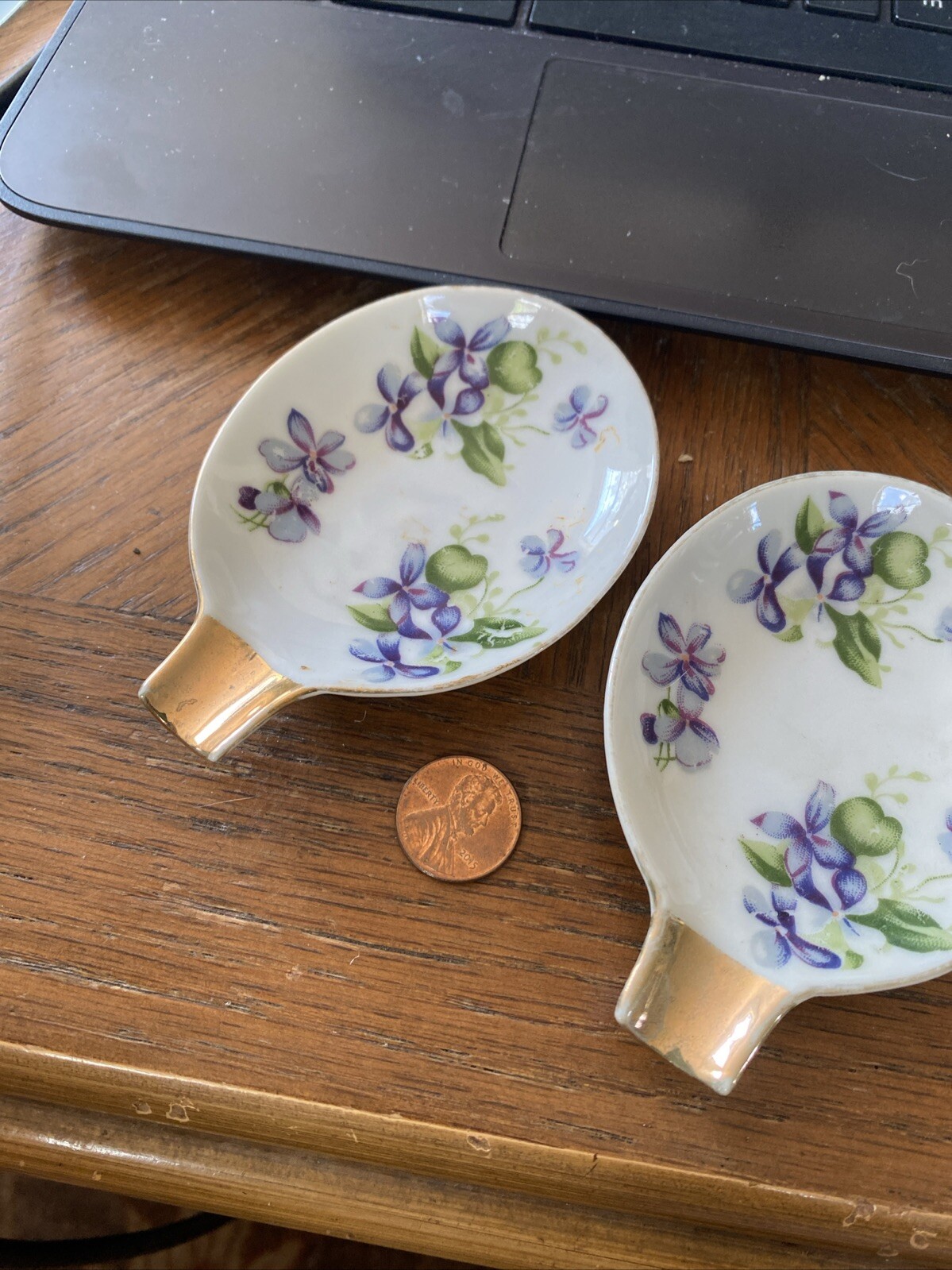 2 Pc Vtg Sweet Violet Dish Tea Bag Spoon Rest Gilded Handle Tea Party