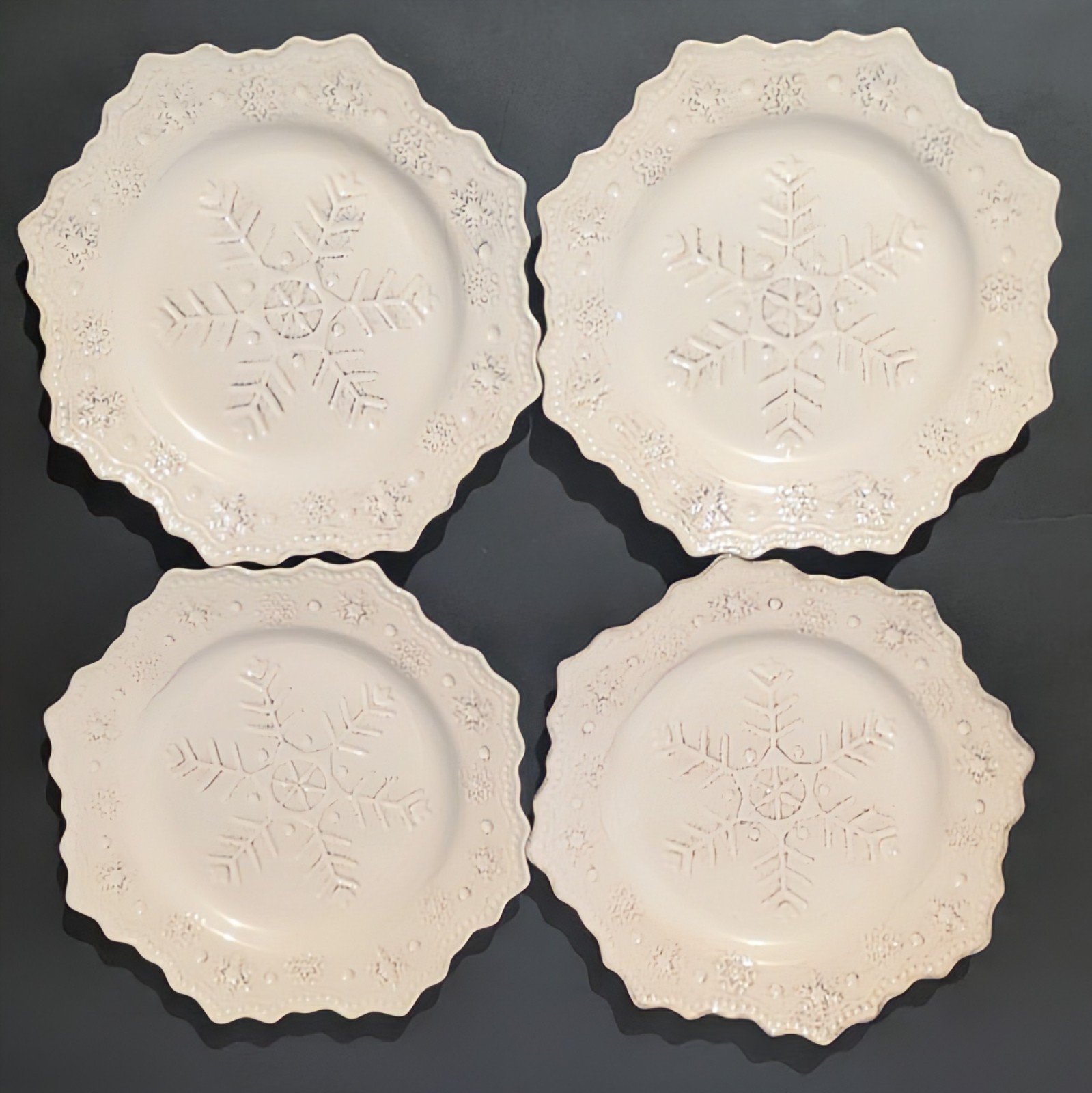 Pier 1 Imports Embossed Snowflake Christmas Salad Plates set/4 Stoneware 8¾” NEW