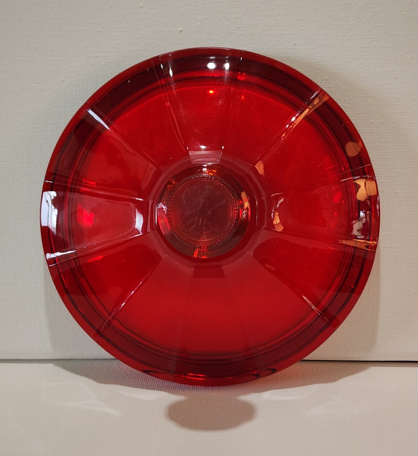 Vtg.Fostoria Coin Glass Ruby Red Covered Candy Dish w/Liberty Emblems 6.5Wx4.25H