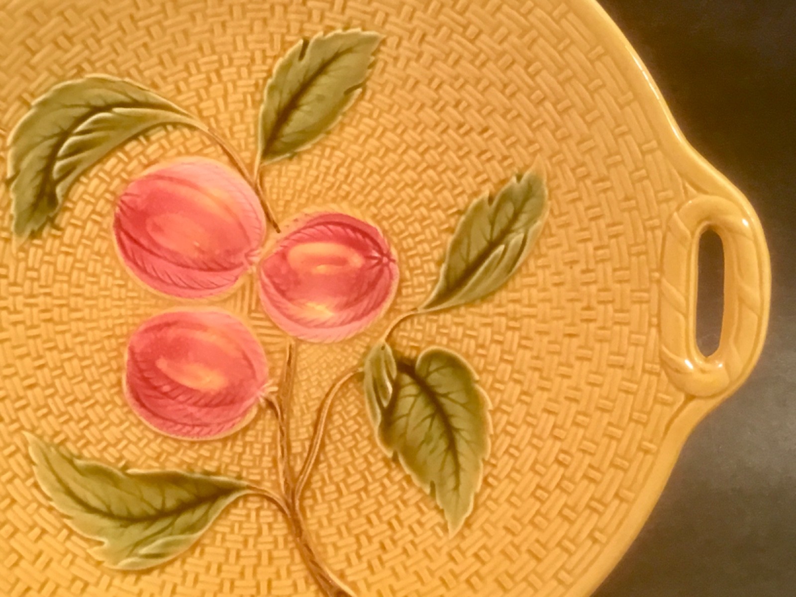 Antique Majolica Fruit and Leaves on Basketweave Platter c.1907