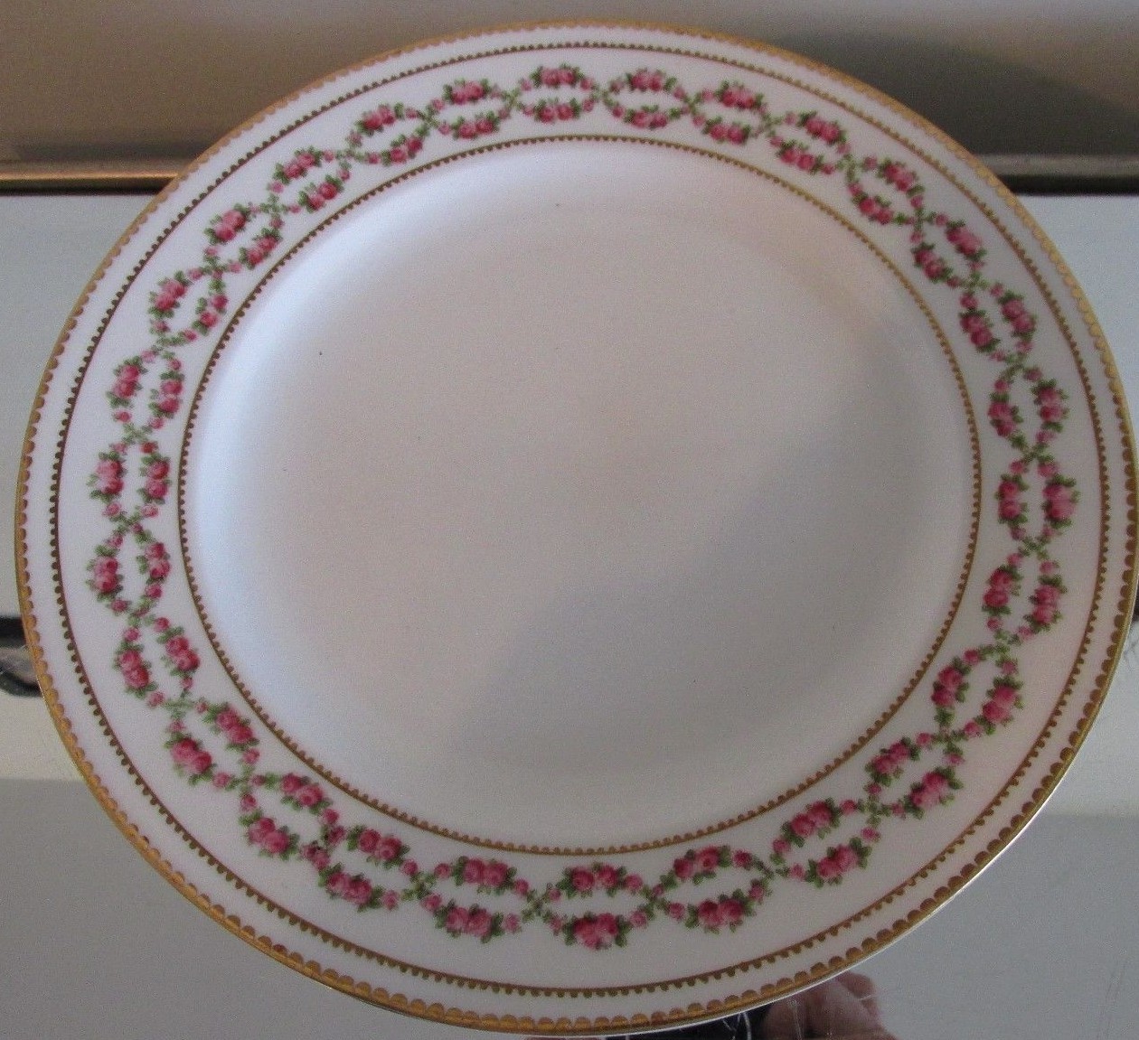 8 Antique English 9″ PLATES Pink ROSE GARLAND JE CALDWELL Phila Geo Jones & Sons