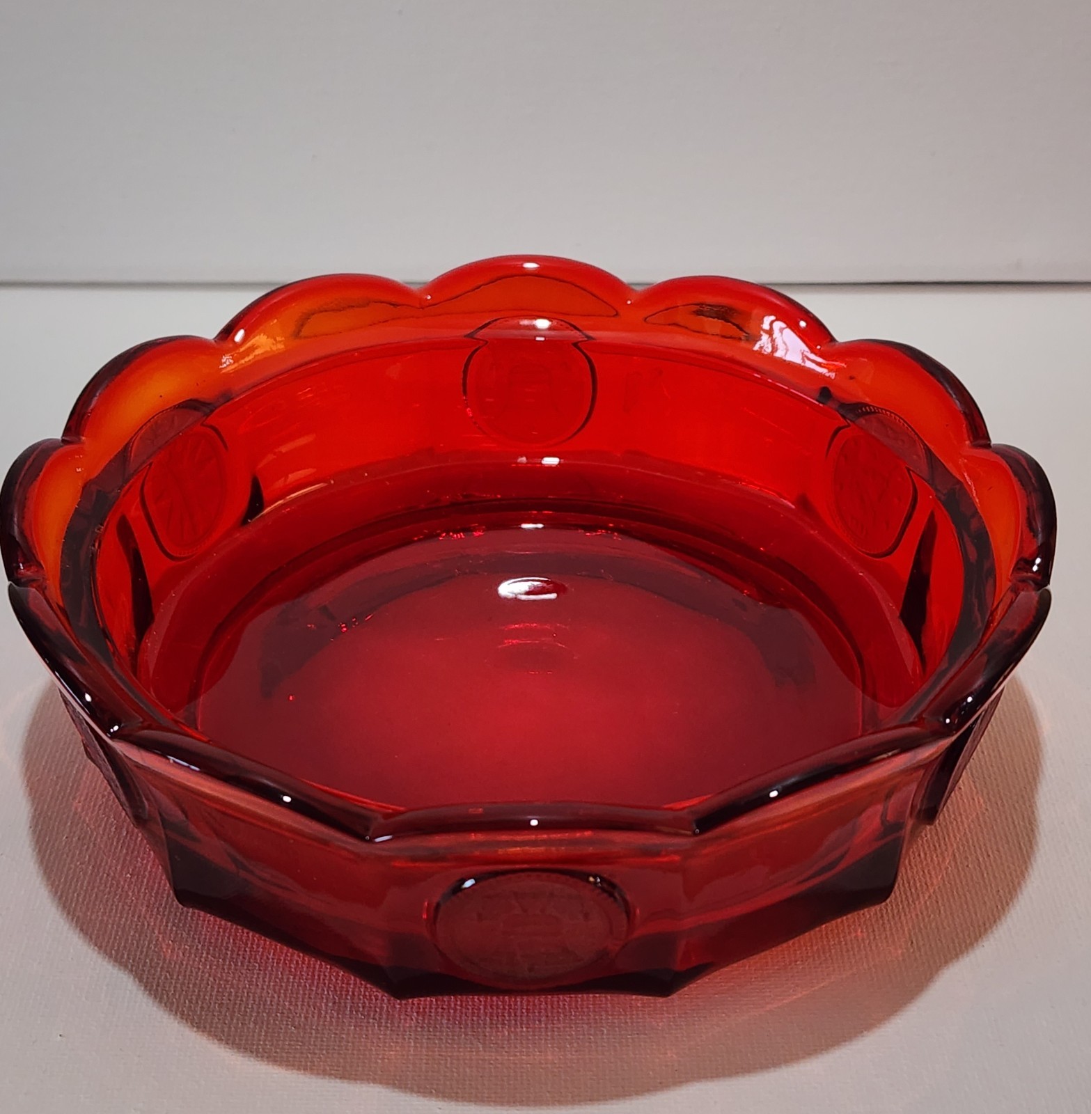 Vtg.Fostoria Coin Glass Ruby Red Covered Candy Dish w/Liberty Emblems 6.5Wx4.25H