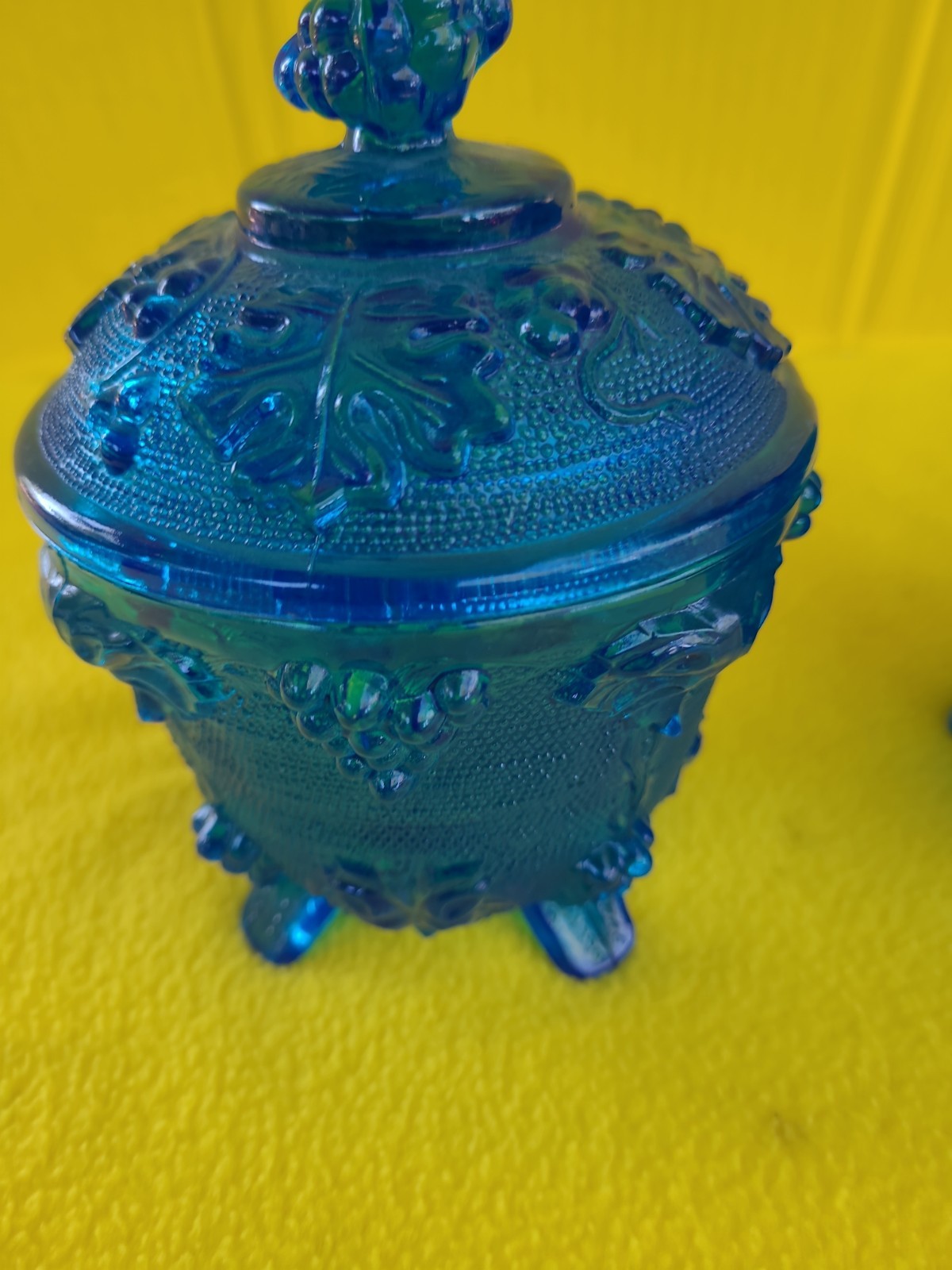 2 VTG 1950s Jeanette Glass Footed Covered Cobalt Blue Candy Dish Grape Leaf MCM