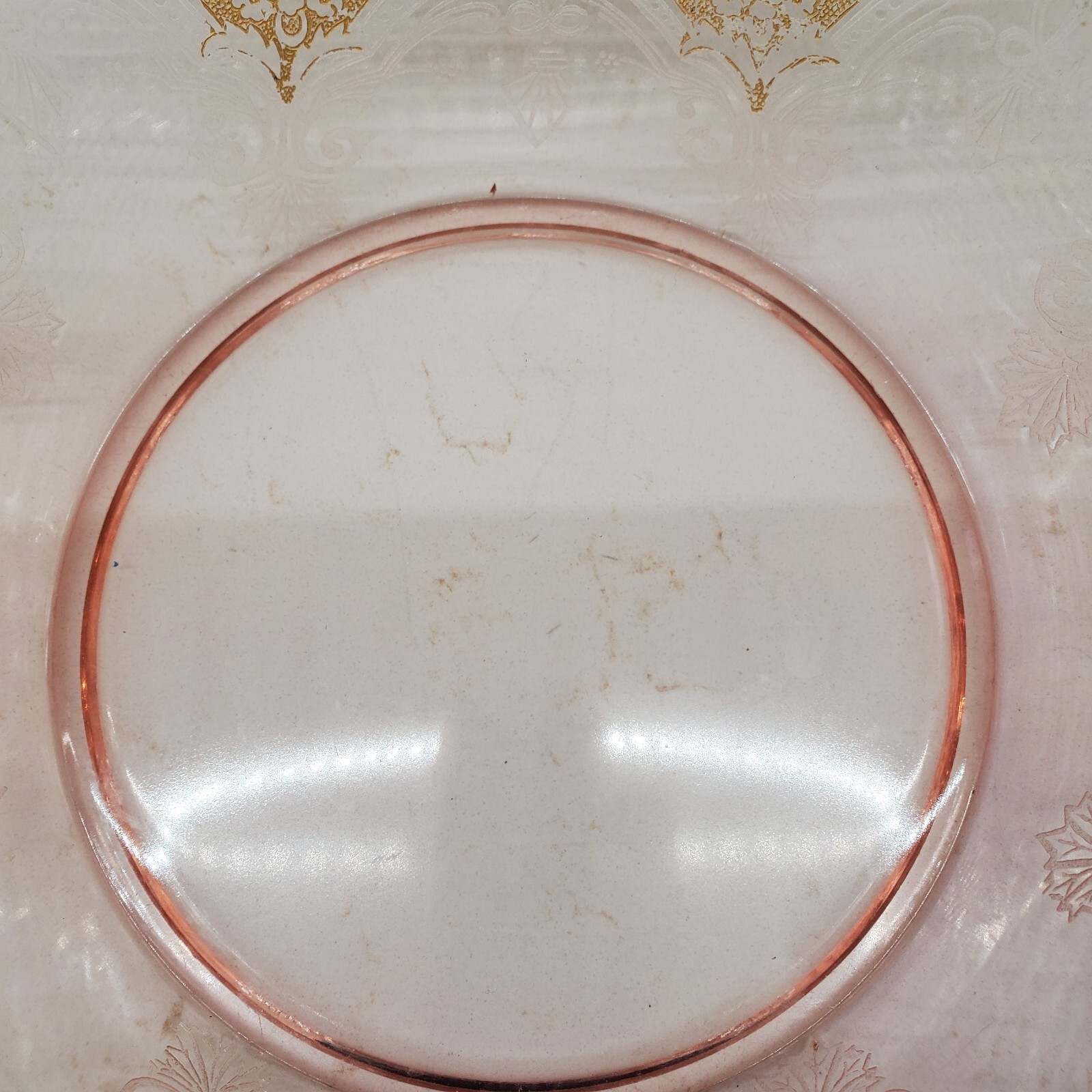 Elegant Pink Depression or Elegant Glass Hexagon Handled Etched Gilded Bowl