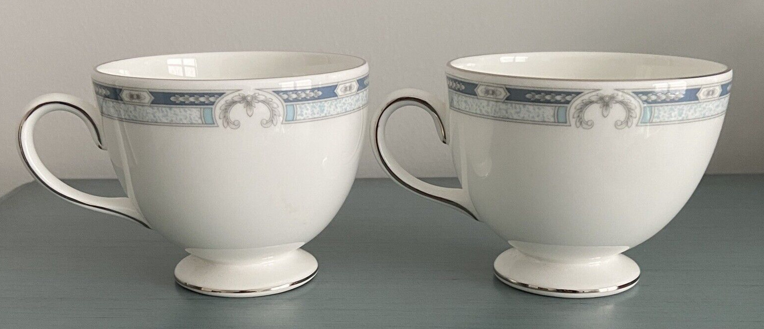 Wedgwood Masefield White & Blue Teacup Set of 2 Platinum Trim England