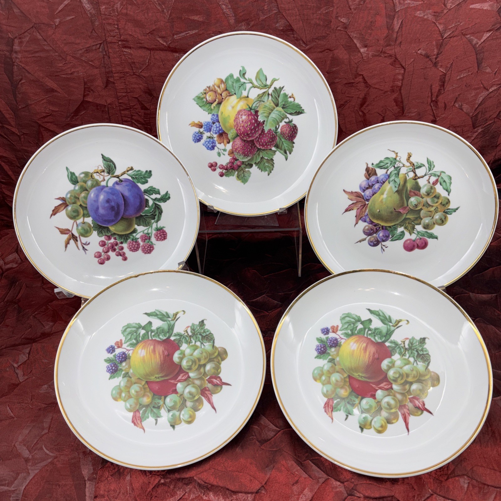 Vintage Naaman Israel Fine Porcelain Fruit Design Plates Set of 5 Gold Trim EUC