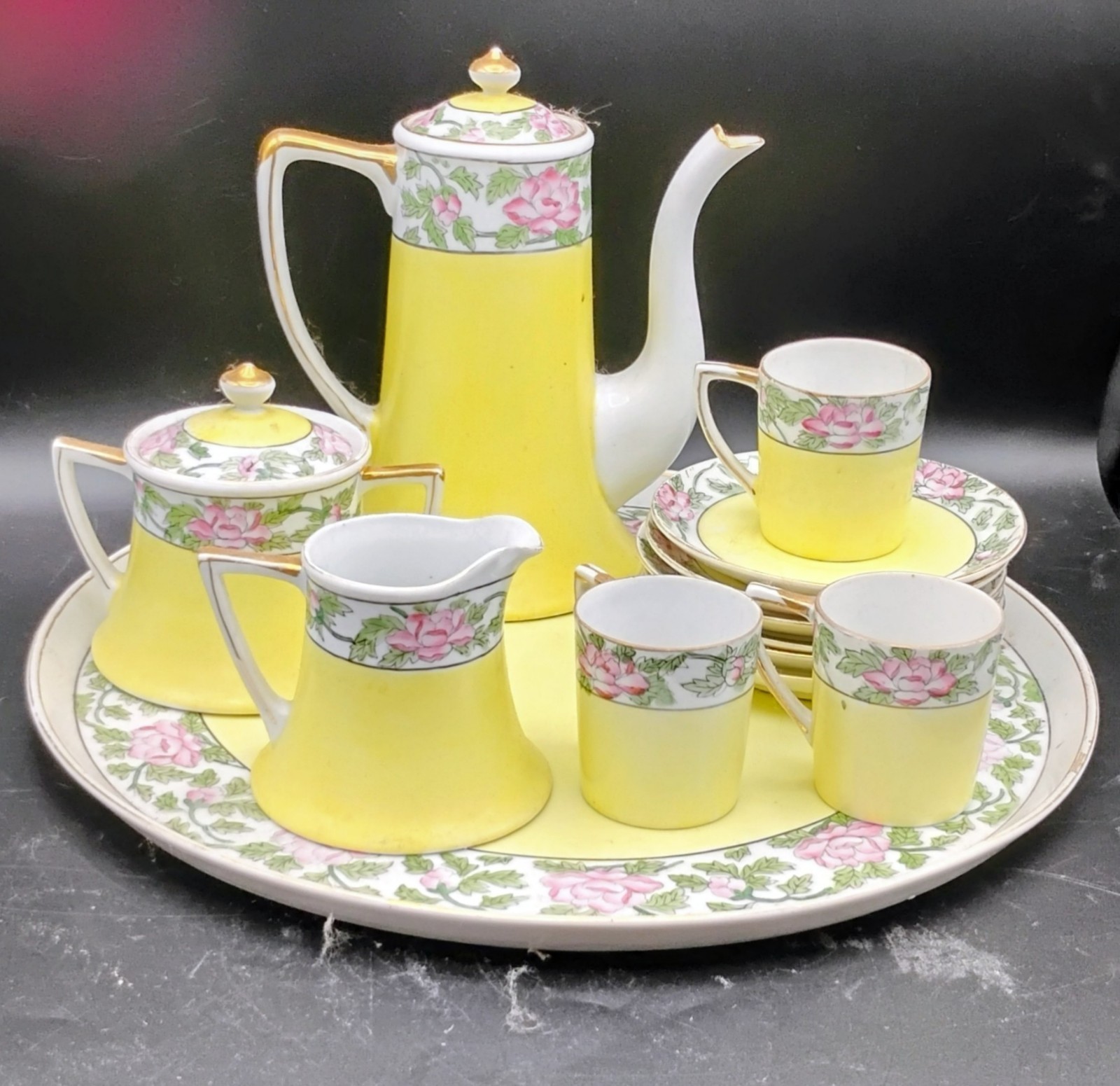 15 Piece Vtg Hand Painted Nippon Chocolate Pot Tea Set With Tray Great Colors