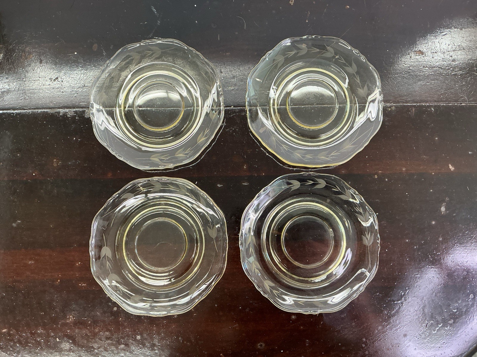 Etched Yellow Depresssion Glass Set Of 5 Cups And 7 Saucers