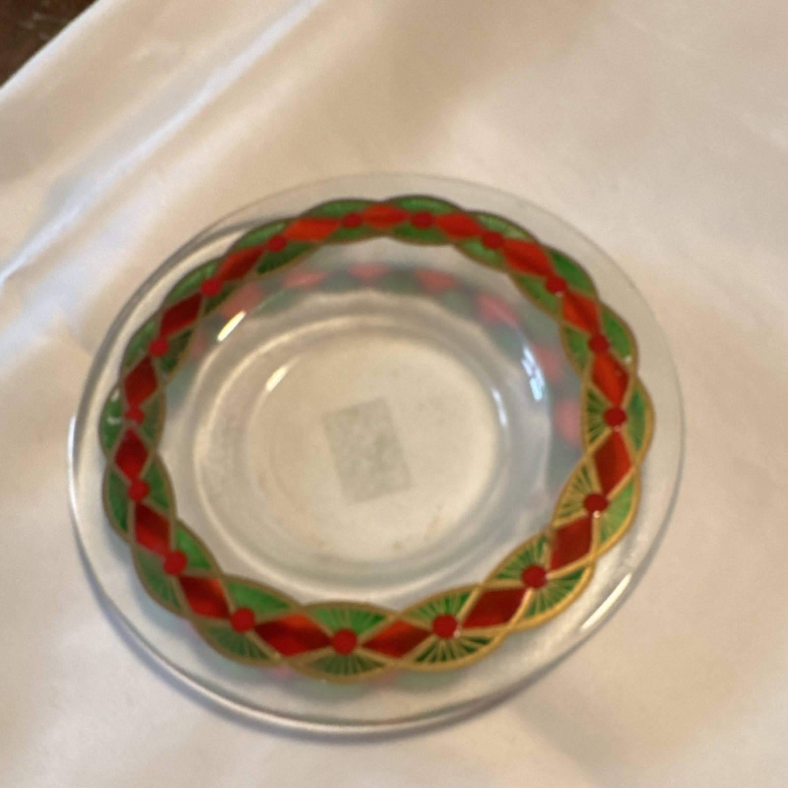 Clear Glass Harlequin Pattern Round Plate, Red & Green Decorative Border