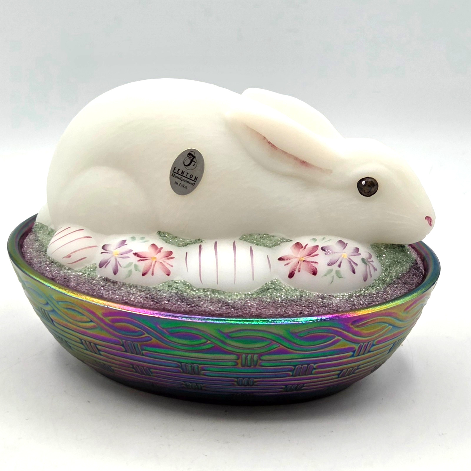 FENTON COVERED EASTER BUNNY DISH Irridescent Nest HAND PAINTED SIGNED by ARTIST
