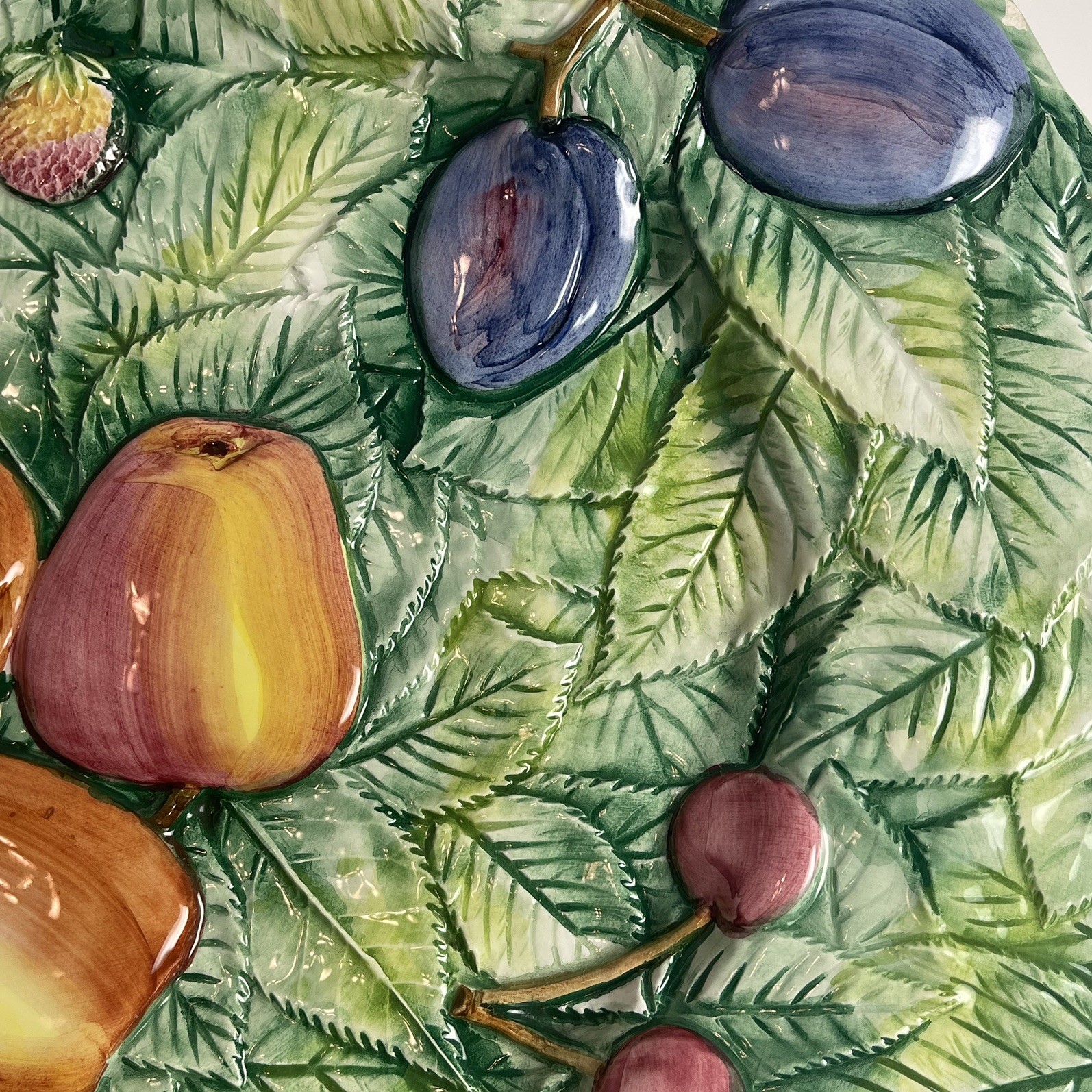 Vintage Majolica Italy Fruits and Leaves Platter Stamped 10428/32 width 12.75″