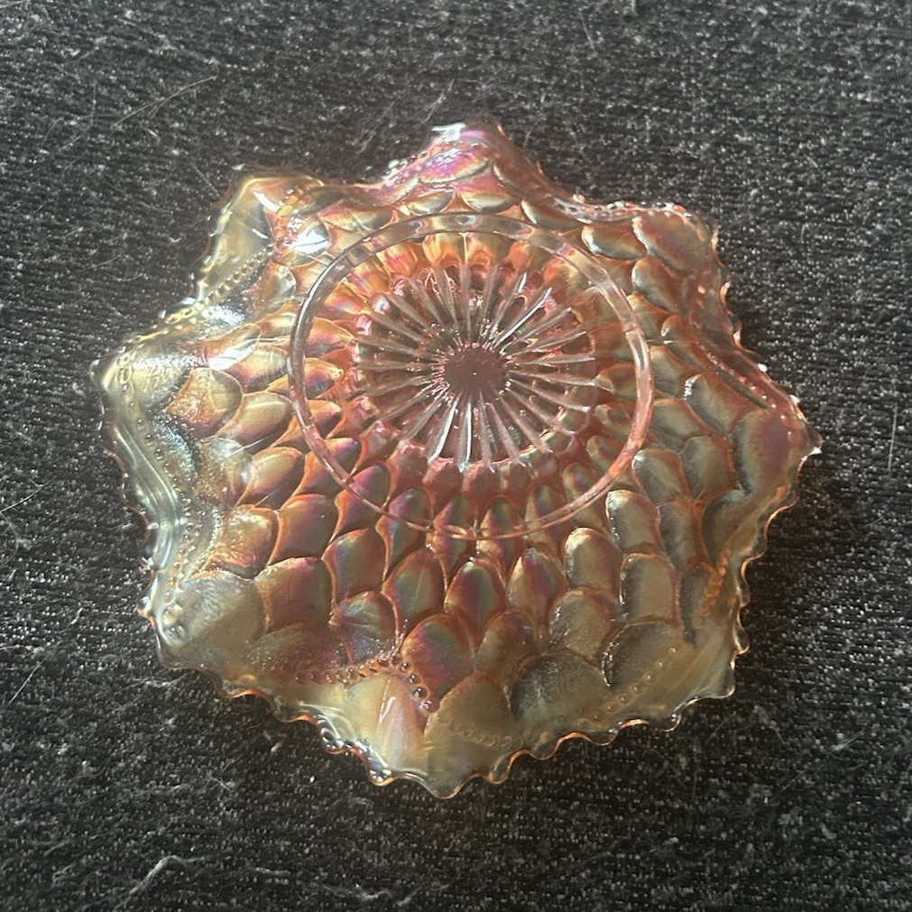 Vintage Dugan, carnival glass bowl, Marigold color features fist scales, and bea