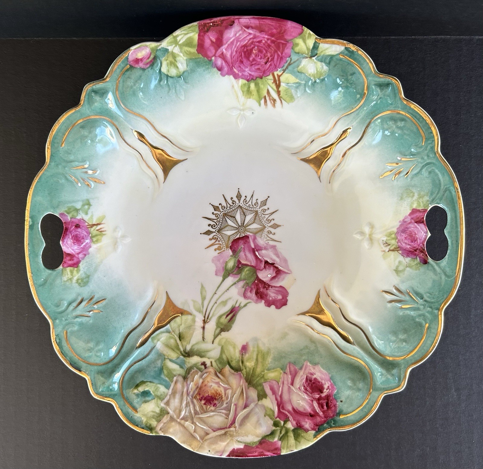 Antique PS Germany Porcelain Bowl 10 1/2″ Teal Blue With Pink Roses