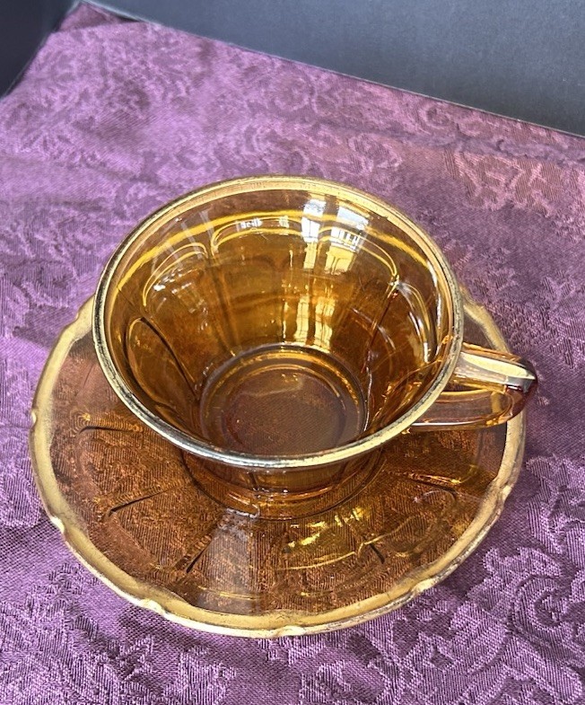 Depression Glass Diamond Glass VICTORY Design Amber Gold Trim Cup & Saucer 3 Set