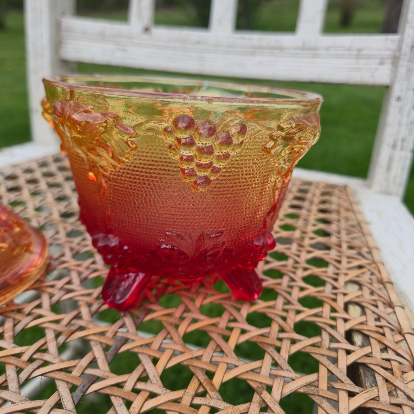VTG Jeannette Harvest Grapes Amber Red Carnival Glass Footed Covered Candy Dish