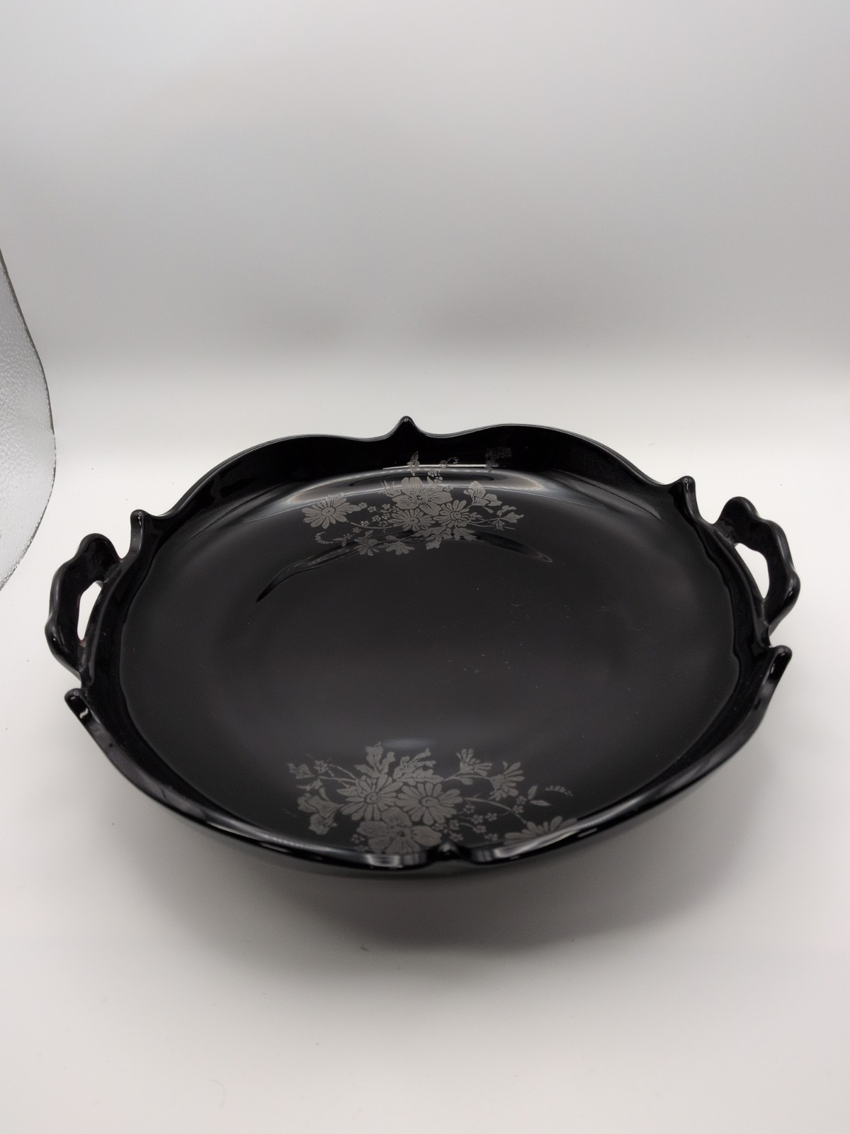 Vintage L.E. Smith Black Amethyst Glass Serving Tray w/Silver Flower Inlay
