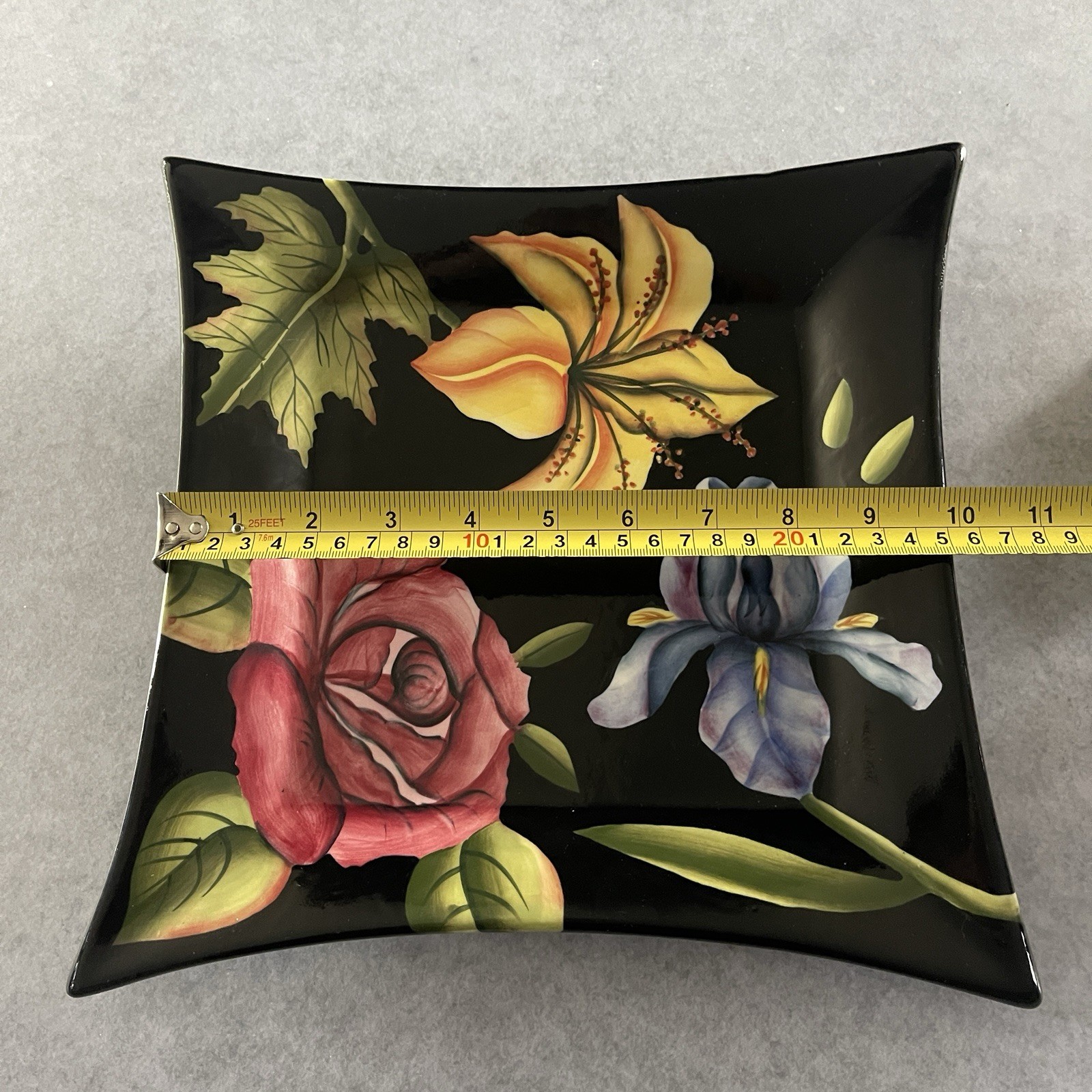 Pacific Rim Hand Painted Florabunda Square Serving Plate Black Ceramic 11” Decor