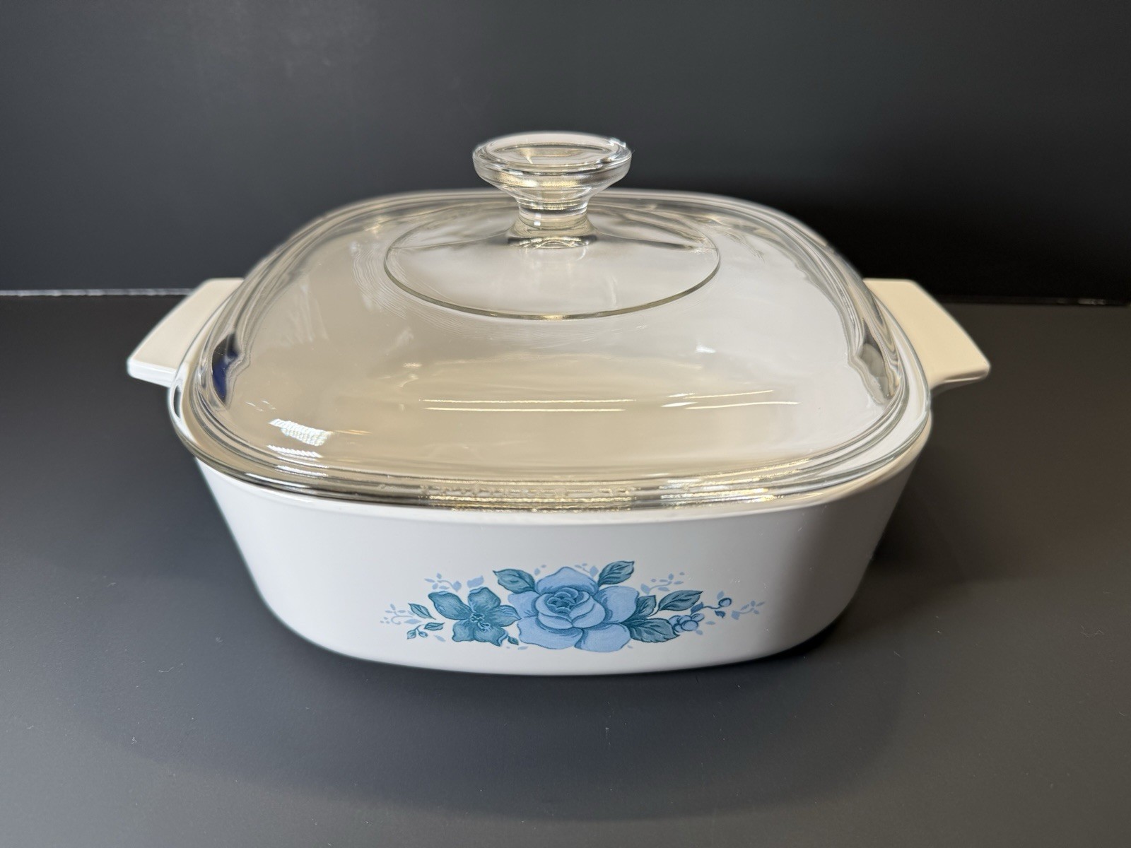 Vintage CorningWare “Blue Velvet Rose” A-2-B 2L Casserole Dish + Glass Lid