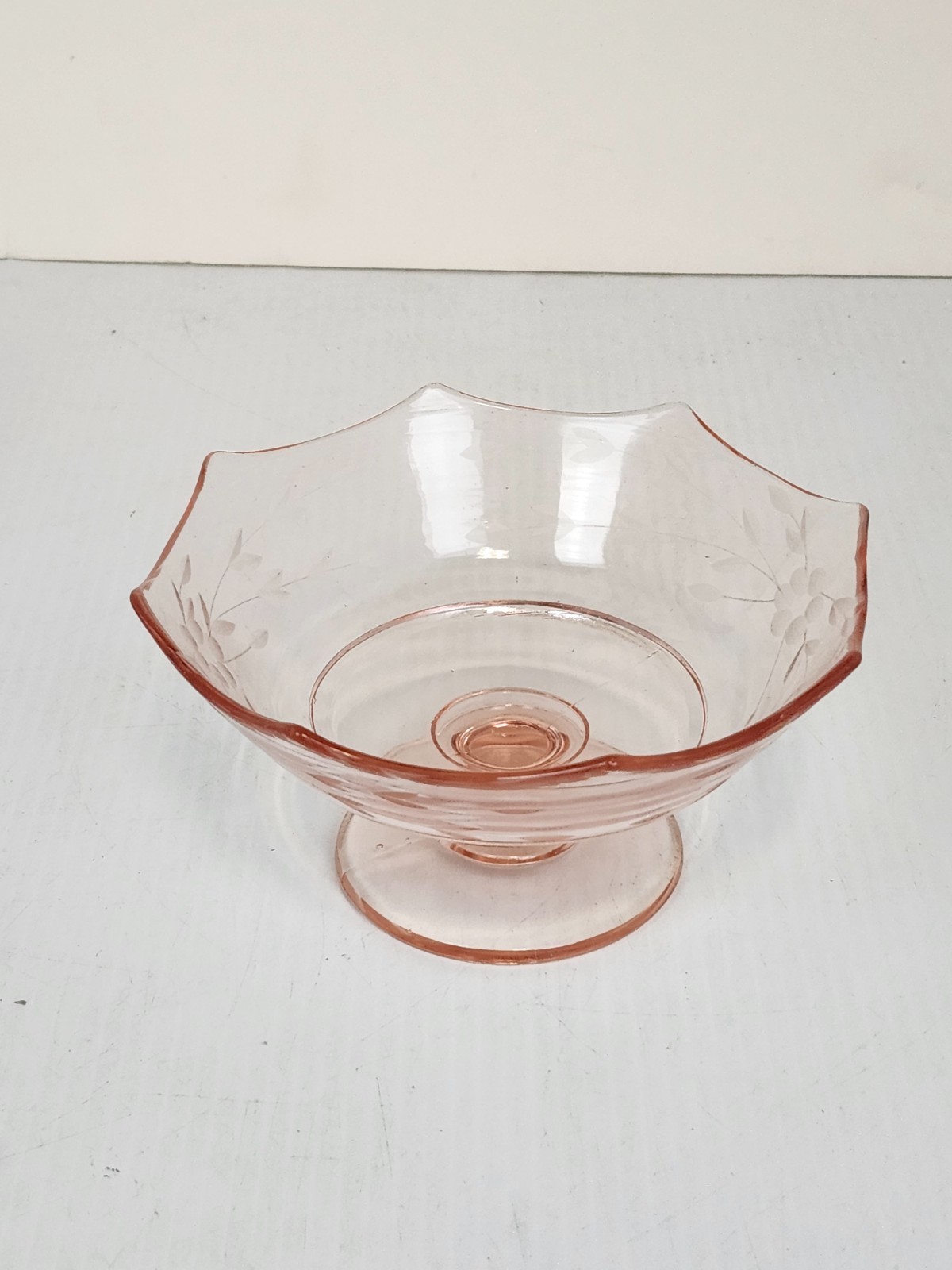 Imperial Glass Pink Etched Footed Compote Bowl 6¾” Leaf & Berry Pattern