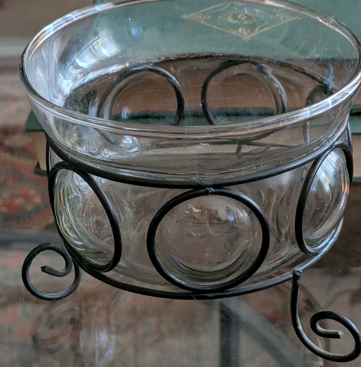 Vtg Blown Bubble Glass & Metal Caged Bowl Studio Welded Metal Frame 90s Art