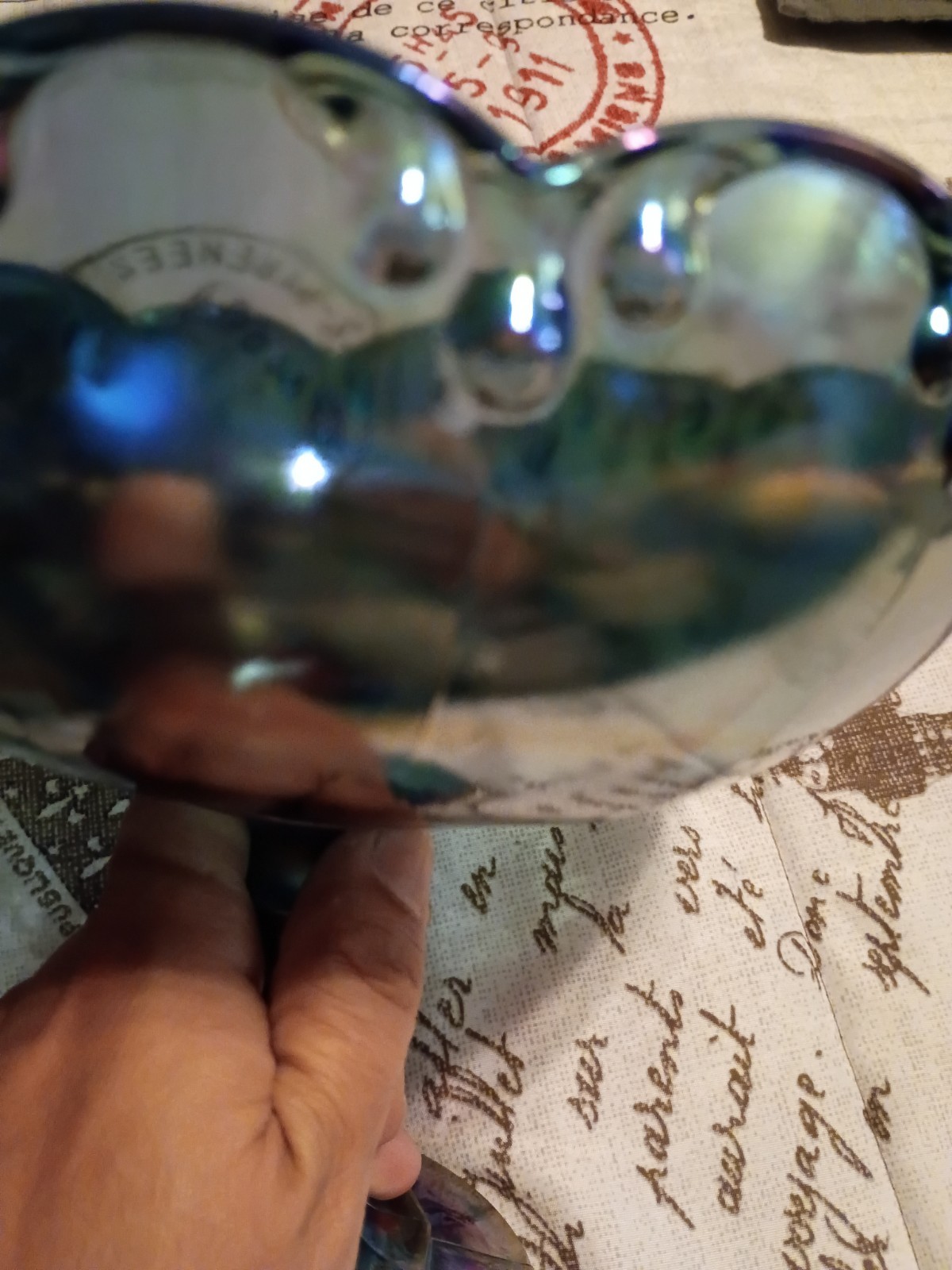 1970s Indiana Glass Iridescent Blue Carnival Glass Pedestal Compote/ Candy Bowl