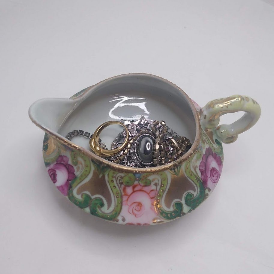 Antique Nippon Hand Painted Three Footed Creamer Moriage Pink Rose Gold Pitcher