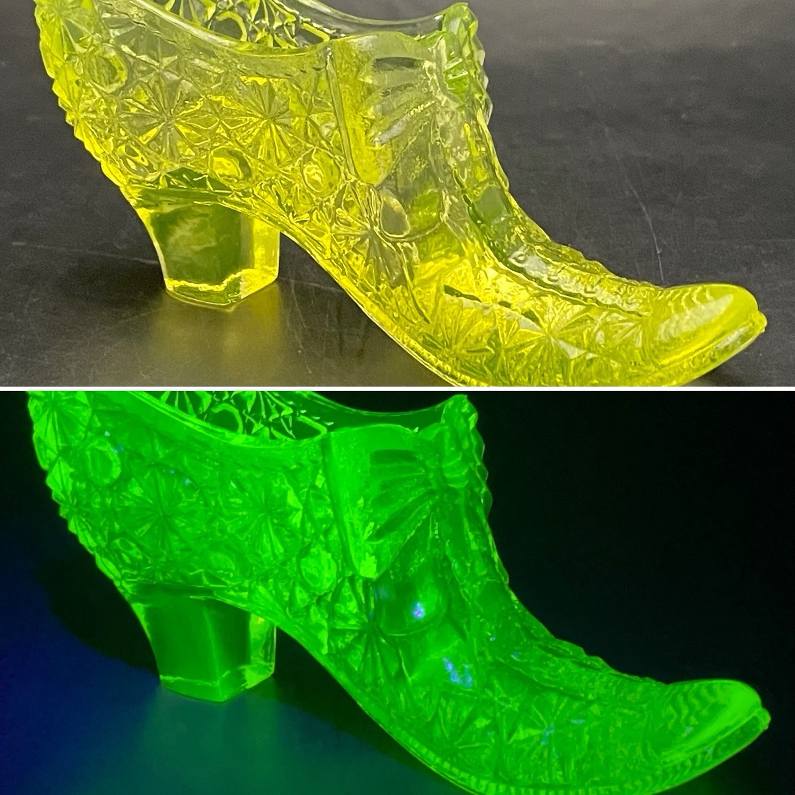 Boyd’s Uranium Glass Daisy & Button w/Bow Shoe Salt Cellar 1993-98 Made in USA