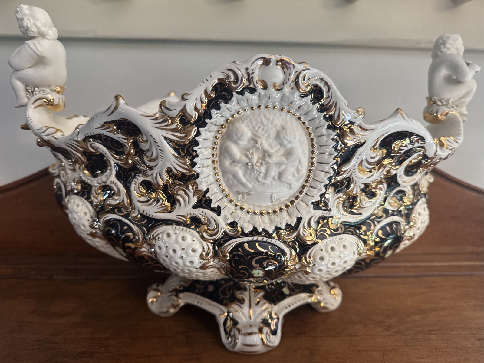 Vintage Mid Century Italian Capodimonte Cherub Porcelian Fruit Bowl Centerpiece