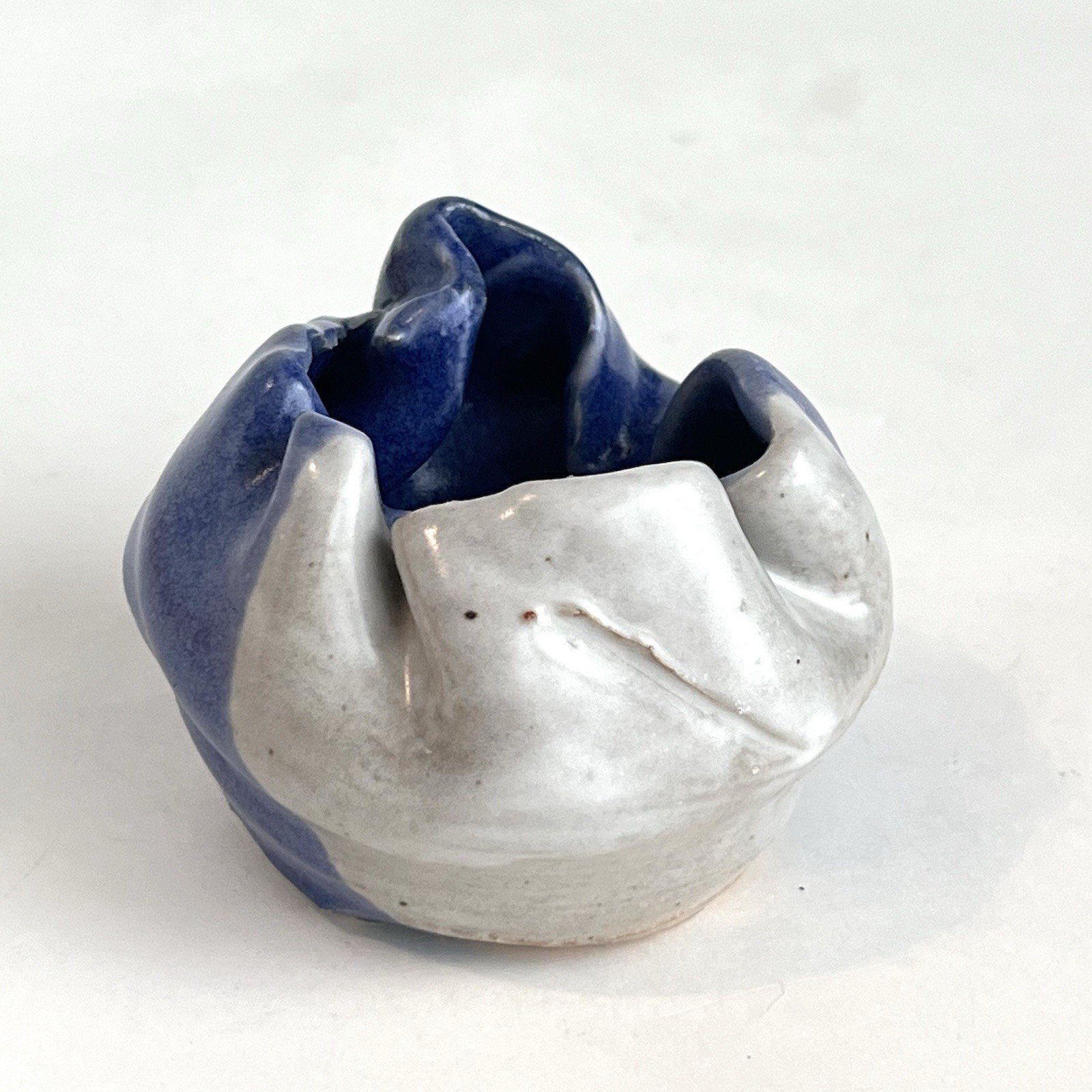 Ruffled Asymmetrical Edge Mini Art Pottery Bowl Hand Thrown Blue Gray Signed A T