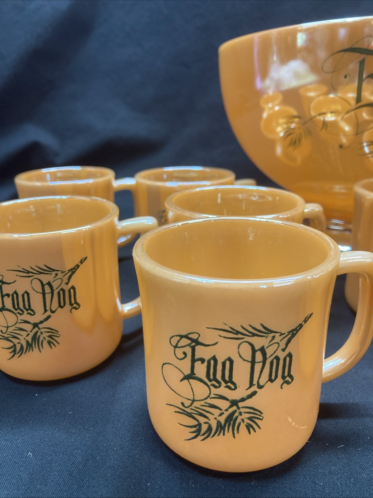 eggnog punch bowl set vintage Tom & Jerry Peach Luster Fire King W/stand 12 Cups