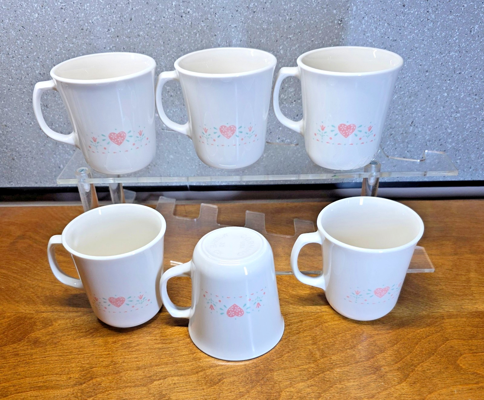 Corelle Corning Forever Yours Cups Mugs Lot of 6 Coffee/Tea Pink Hearts Excellen