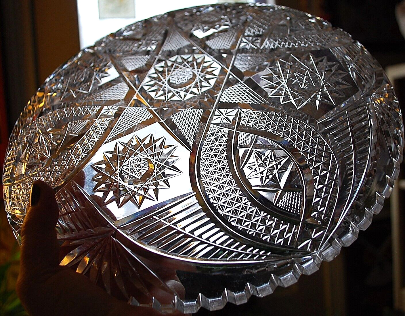 Antique ABP American Brilliant Period HOBSTAR CANE Hand Cut CRYSTAL BOWL 11.75″