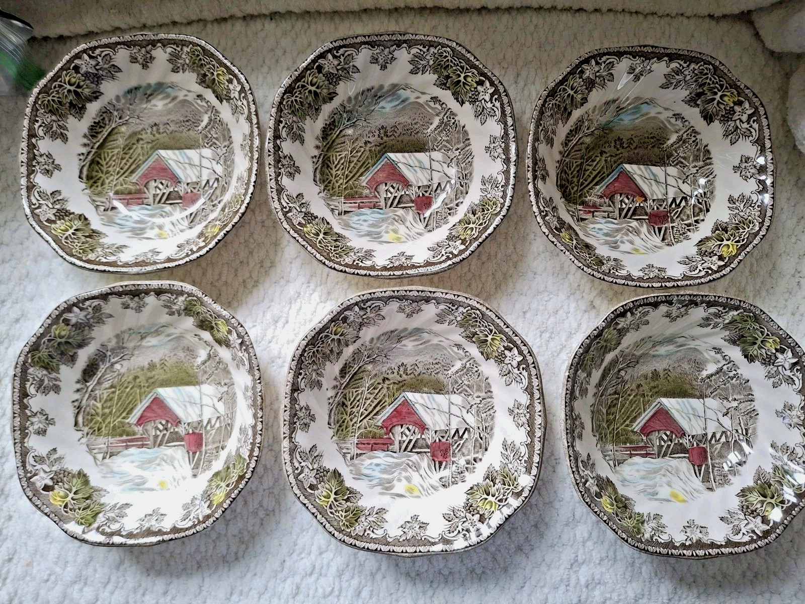 6 Square Salad Soup Bowls The Friendly Villiagage Covered Bridge Johnson Bros