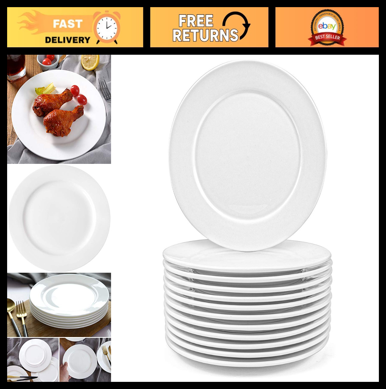 12-Piece 8″ Round Porcelain Salad & Dessert Plates Set – White Dinnerware Dish