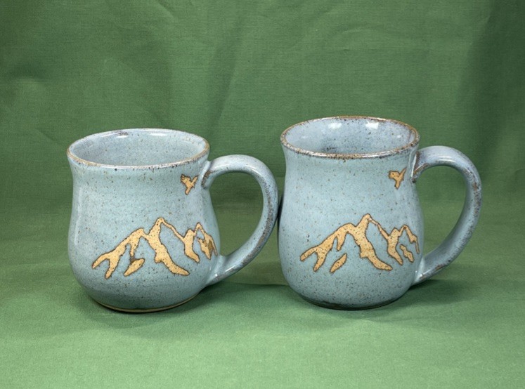 2 Studio Art Pottery Blue Grey & Tan Mugs Stoneware Mountains Eagle Design